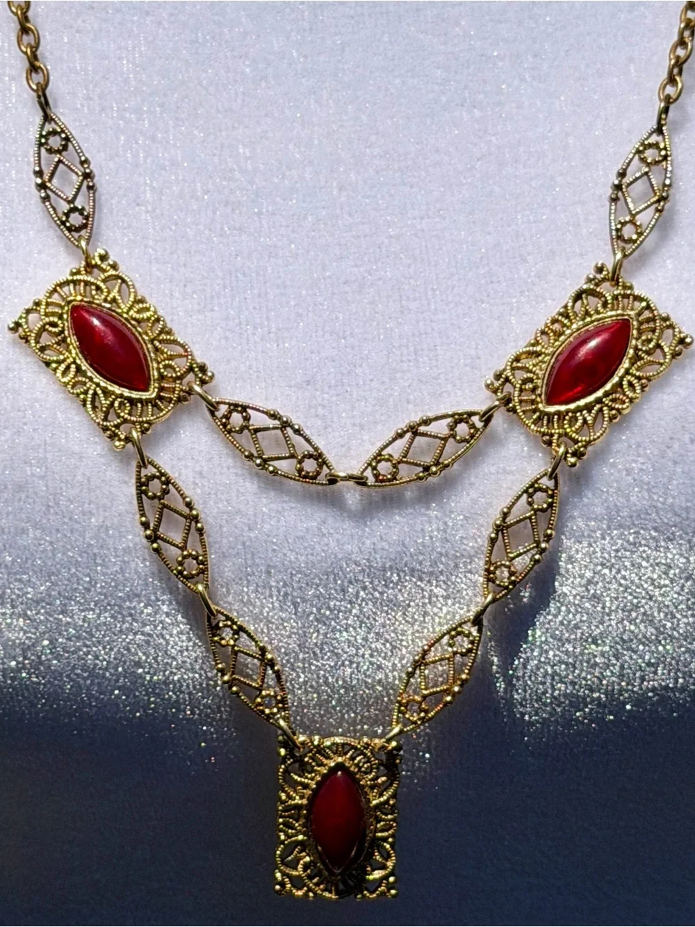 Vintage TOFFANO 1970s Red Cabochon Filigree Festoon Necklace